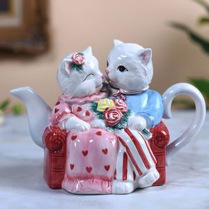 Keramik Skulptur Paar Katze Teekanne Kaffeekanne Valentinstag präsentieren Hochzeitsgeschenke Handwerksraum Dekoration Porzellan Figur 240507