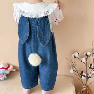 Jumpsuits Cute baby girl Overalls 024 months old children rabbit ear ball loose denim jumpsuit suspension pants jeans jacket spring and autumn clothing Y24052M2K4