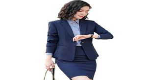 Formal Navy Blue Blazer For Women Skirt Suits Office Ladies Work Wear Long Sleeve Jacket Sets OL Styles Dresses7253227