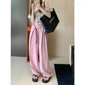 Women's Pants Pink Wide Leg Vintage Irregular Straight High Waist Baggy Self Cultivation Casual Fashion Trouser Ladies Summer