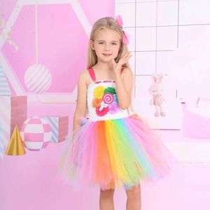 Girl's Dresses Girls Cute Rainbow Candy Earth Map Dress Party Baby Birthday Childrens Flower lollipop Summer Dress Princess Tulle Dress d240520