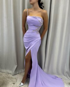 2024 Lavender Long Mermaid Prom Dresses One Shoulder Plus Size Crystal Beads High Side Split Formal Party Gowns Evening Dress Vestios