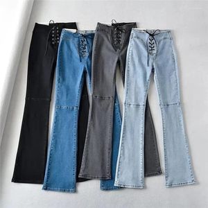 Kvinnors jeans flare hög midja spets bandage smal för kvinnor byxor 2024 elastisk mode casual blue byxbyxor