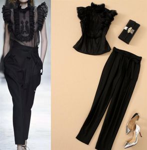 European and American high quality two piece pants Embroidered top with wood ears trousers suit337i9489029