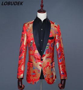 Kinesisk stil manlig smal mode jacka rött broderi bröllop kappa blazer formell parti värd sångare scenprestanda c7012087