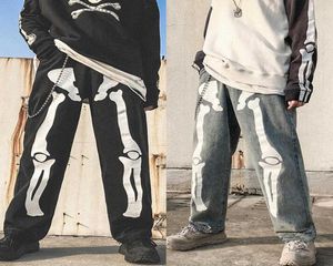Menwomen graffiti czarne szkielet dżinsy ins Bone print proste nogi dżinsowe spodnie Hip Hop Dad Daders 6250957