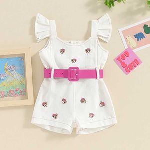 Overallsuits Little Girl Childrens Bär Print Full Sete Summer Casual Jumpsuit mit weißen Flughülsen und Gürtelspielanzug Y240520njj5