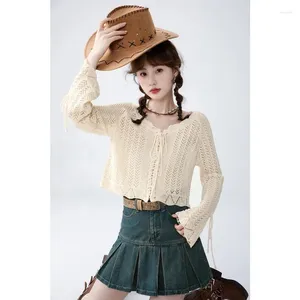 Women's Knits 2024 Ropa Mujer Thin Cardigan Women Bandage Hollow Out Pull Femme V-neck Long Sleeve Knitting Sueter Vintage Summer Sweater