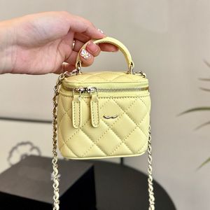 Portable Women Designer Lovely Mini Makeup Bag with Mirror Top Handle Zipper Vanity Box Handbag Lambskin Leather Chain Shoulder Cross Cosmetic Case Purse 10x9cm