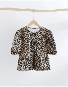 Leopard Print Shirt For Women Bow Lace Up O-neck Short Puff Sleeve Female T-shirt 2024 Summer Fashion All-match Street Lady Tops