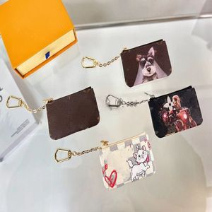 Designer Plaid Graffiti Key Wallet Luxury Brand Dog Cat Animal Print Mens Coin Purses With Key Chain Fashion Letter Zipper Mini Clutch 2156