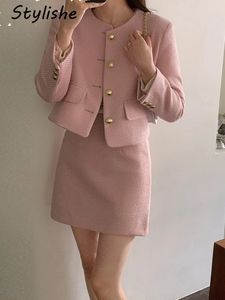 Stylishe Women Skirt Suits Office Lady Tweed Set O Neck Button Cropped Jackets Bodycon Mini Elegant Female 2 Pieces Sets 240516