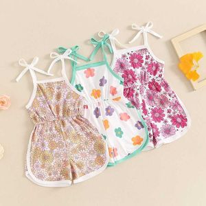 Jumpsuits Preschool and childrens clothing girls summer top and tie with elastic waist print jumpsuit newborn playsuit Y24052024OK