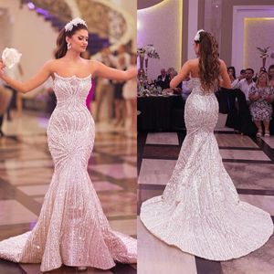 Classic Mermaid Wedding Dresses For Women Strapless Sleeveless Bridal Gown Sequins Sweep Train Dress Custom Made