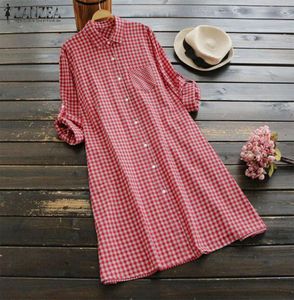 Kvinnors kontrollerad skjorta klänning Zanzea 2019 Vintage Short Vestido Robe Femme Long Shirts For Women Beach Sundress Button Party Dress Y17624835