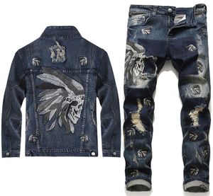 2020 New Men Denim Sets Fashion Punk Suit Brand Indian Embroidery Holes Denim Jackets Jeanspants Mens Clothing 2 Pieces Sets9722422