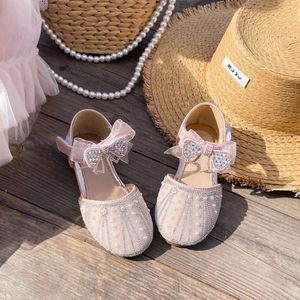 Girl Princess Dress Summer Elegant Bowtie Children Causal Wedding Party Sandals Fashion Pearl Kids Flat Shoes Hook Loop