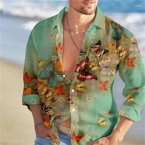 남자 드레스 셔츠 고급 하와이 나비 인쇄 긴 소매 싱글 브레스트 의류 패션 거리 다목적 디자인 2024