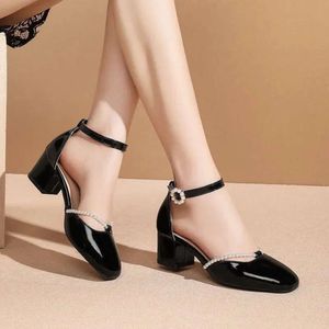 Women String Bead Woman Summer Sandals Square Thick Mid Heels Buckle Strap Cover Round Toe Pu Leather Ladi 316