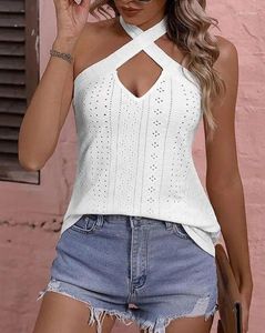 Kvinnors tankar 2024 Summer Fashion Top Women Eyele Brodery Crisscross Casual Daily Halter Plain Sleeveless Bitdet Detail Tank Y2K kläder