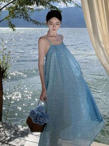 Vintage Blue Print Ladies Wakacje Bez pleców Długie poślizg Elegancki lato urodzin wieczorne impreza plisowana sukienka popularna czeska