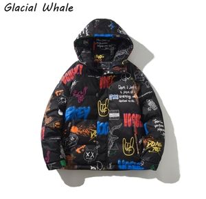 Buzulwhale aşağı ceket erkekler kış grafiti ceket kapşonlu rüzgar geçirmez ceket sokak kıyafetleri büyük boy hip hop siyah ceket erkekler için 2111296185757