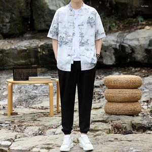 Herrspårar Kort ärmskjorta och fotledbyxor Två stycken Set Summer Streetwear Knot Button Chinese Type Clothing for Men Plus M-XXXXL