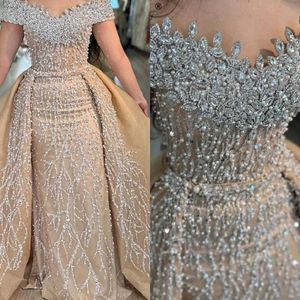 Gorgeous Crystal Pearls Wedding Dresses Off Shoulder Mermaid Bridal Gowns with Detachable Train Custom Made Bride Dress Plus Size