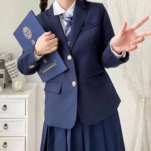 Kläderuppsättningar 2024 Koreansk skoluniform Navy Blue Blazer Japanese High Coat Suit Klädflickan Studenter Jacka Seifuku