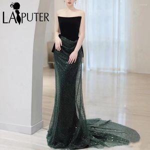 Party Dresses Green Column Prom Velvet Bodice Boned Basken Evening Gown Sequin kjol som flyter Ruched Hips Celebrity Dress