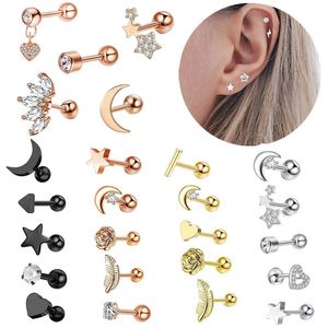 5st Star Tragus Stud Earring Set Heart Liten lob Piercing Brosk Helix Jewelry CZ Barbellörhängen 240511