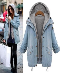 Hela mode vinterrockar kvinnor hoodie denim jackor kvinnor 2 stycken överdimensionerad kappa dragkedja fickknapp överrock huva oute8322785