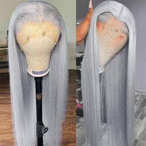 150% Density 13x4 frontal Wig Silky Straight Grey colored with Baby Hair Around Glueless Virgin Human Hair