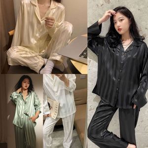 Women Clothes Striped Ice Silk Pamas Sweet Thin Section Spring Summer V-Neck Homewear Fashion Korean Simple Casual Loungewear L2405