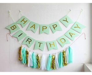 Shiny Gold Letters Happy Birthday Mint Green Bunting Banner 15 pcs DIY Kits Tissue Paper Garland Tassel Party Decoration Kit8859745