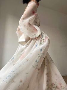 Französische elegante florale MIDI für Frauen Party Abend Chiffon Langarm Fee ein Stück Kleid Koreanischer Strand Sommer 2023