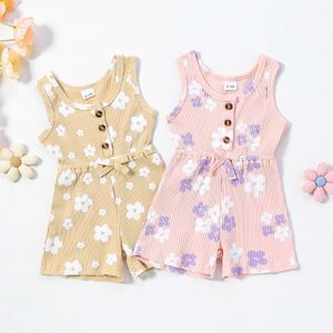 Jumpsuits Baby Clothing Girls Summer Sleeveless Rompers Overalls Ribbed Floral Print Button Jumpsuit Newborn Clothes Y240520AS13