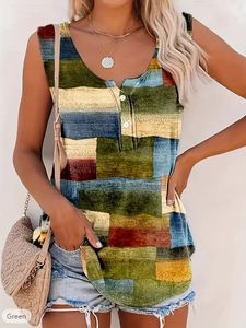 Plus Size Geometric Print Sleeveless Tank Tops Camis with Button Detail Polyester Crew Neck Vest for Women Casual Knit Fabri 240510