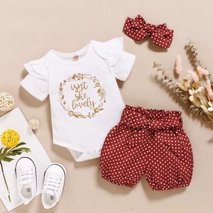 Giyim setleri 0-18 aylık bebek kızlar kıyafetler Romper nokta pantolon elastik bel bandı ve nokta kafa bandı ile bowknot 3pcs rahat kıyafetler set y240520sneo