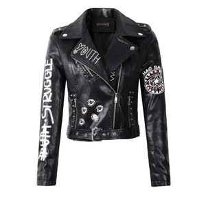 Nya kvinnor Autumn Winter Faux Soft Leather Jackets rockar Lady Black Pu Rivet Zipper Epaulet 3D Print Motorcykel Streetwear9517608