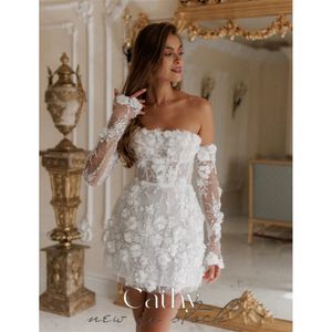 Кэти белое мини -платье с мячом кружево вышитое вечернее платье элегантно от плечо -съемных рукавов платье 240518