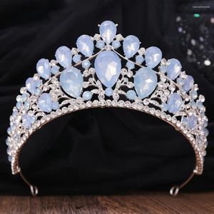 Hårklipp lyxig blå rosa opal kristall brud tiara krona silver färg diadem slöja tiaras bröllop tillbehör huvudstycke huvudsmycken