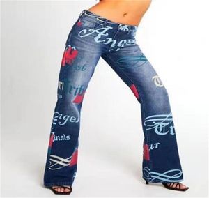 Women039s Jeans Modebriefmuster Frauen Blau Vintage Streetwear Denim Hosen Weitbein Hosen Lady Casual Flared 7902259