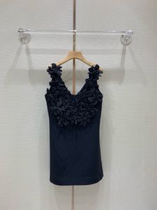 Designer -Kleid 2024 Sommerstickstil Haufen Blume Deep V Off Back Vintage Sling Black Kleid