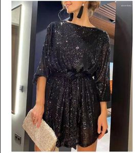 Casual Dresses Women Sequin Party Dress Sparkle Long Sleeve Round Neck Short Cocktail Concert With Belt Clubwear