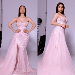 Pink Mermaid Gown Wedding Dresses Lace Sequins Beading Appliques Crystals Sweep Train Lace-up Bridal Gowns Celebrity Dresses Plus Size Custom Made H24572