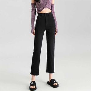 Black straight leg jeans for womens autumn and winter plush versatile slim pants with a high waist and a 9/8 short furry edge smoke pipe pants
