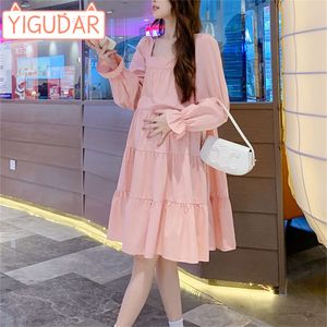 Moderskapskläder 2024 Spring Autumn New Fashionable Loose Pink Long Sleeved Dress Women's Style Slim Mid Length Kjol Women L2405