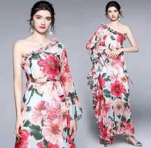 Summer Charming One-Shoulder Women Dress Lotus Sleeve Printing för semester3902179