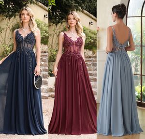 Ljusblå sexig rygglös aftonklänningar Dark Navy Bourgogne Chiffon Applicants En linje Sheer V Neck Long Party Prom -klänningar CPS3038